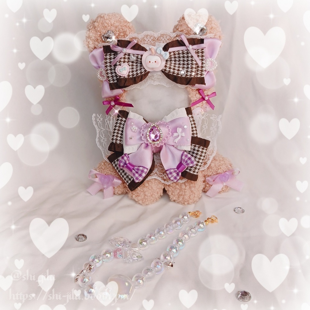 〚10～12cm〛大人カワイイ💜おめかしパープルテディベア　おすわりぬい服　バッグチャーム付き