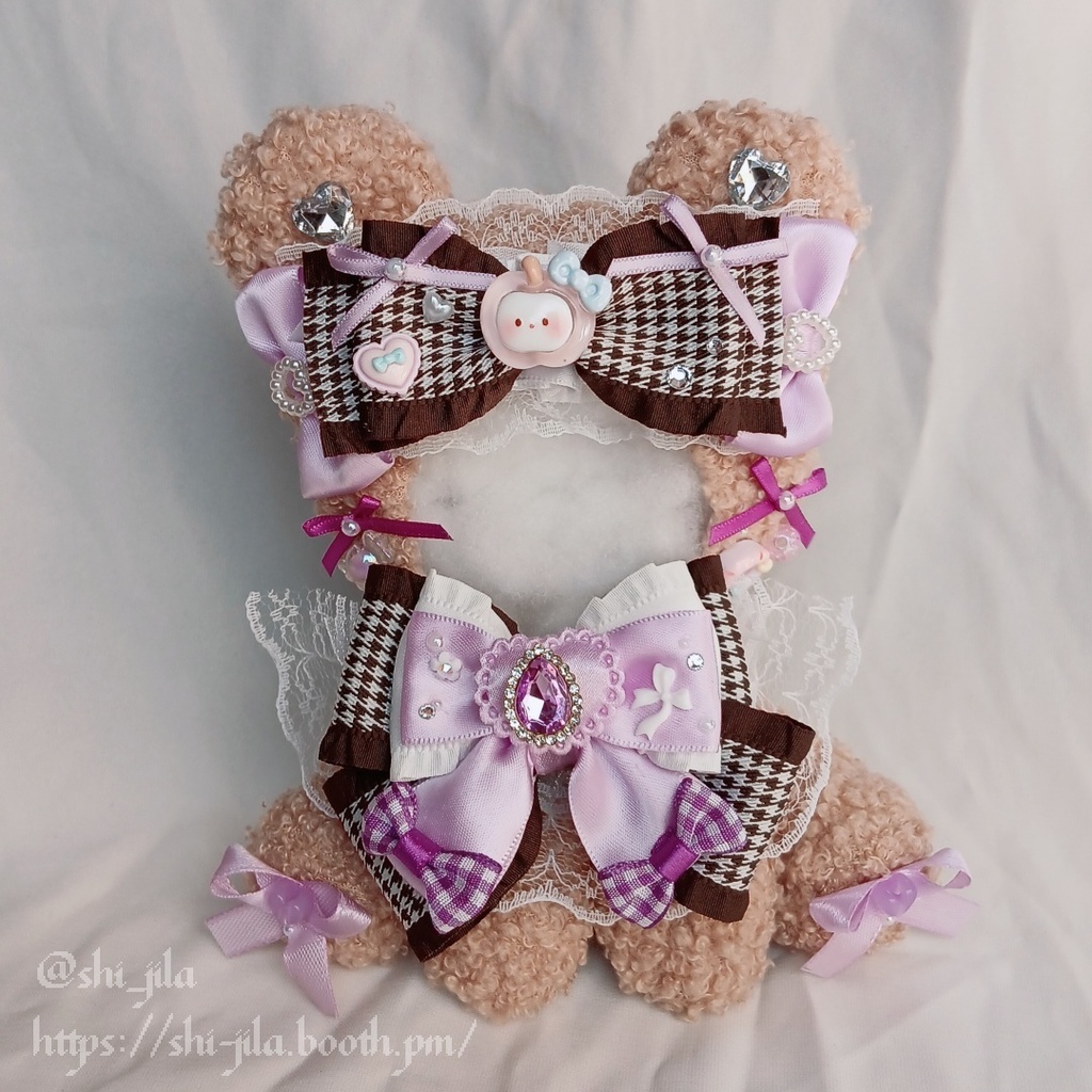 〚10~12cm〛大人カワイイ💜おめかしパープルテディベア おすわりぬい服 バッグチャーム付き