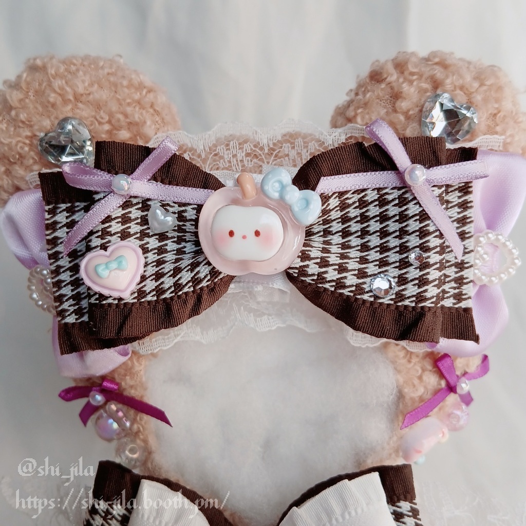 〚10~12cm〛大人カワイイ💜おめかしパープルテディベア おすわりぬい服 バッグチャーム付き