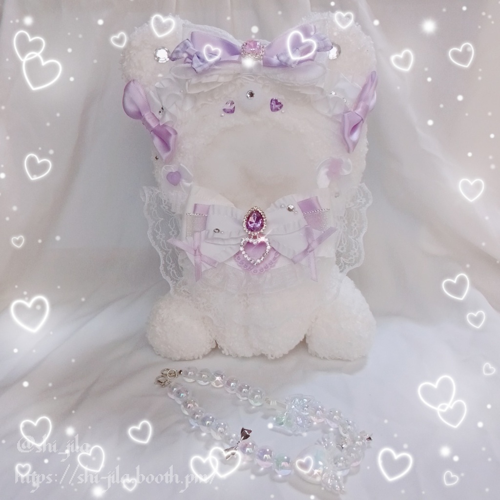 〚15~16cm〛エンジェルコア💜🤍パープル×シュガーテディベア おすわりぬい服 バッグチャーム付き