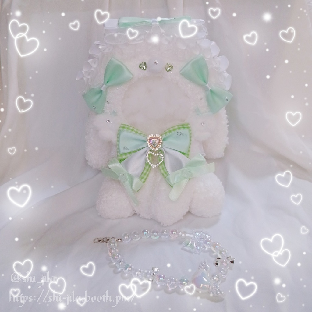 〚15~16cm〛エンジェルコア💚さわやかミントグリーンたれ耳うさちゃん おすわりぬい服 バッグチャーム付き