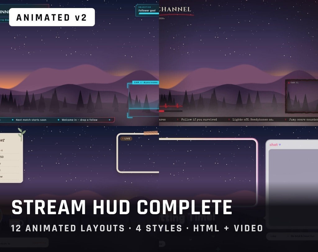 【動く配信HUD】OBS用配信オーバーレイ COMPLETE PACK 12種|ゲーム・ホラー・作業・VTuber(アニメーションHTML+透過動画)