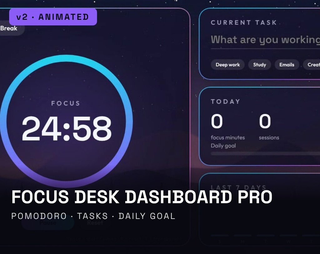 【動く集中ダッシュボード】Focus Desk Dashboard Pro|作業・勉強配信用ポモドーロ(HTML)