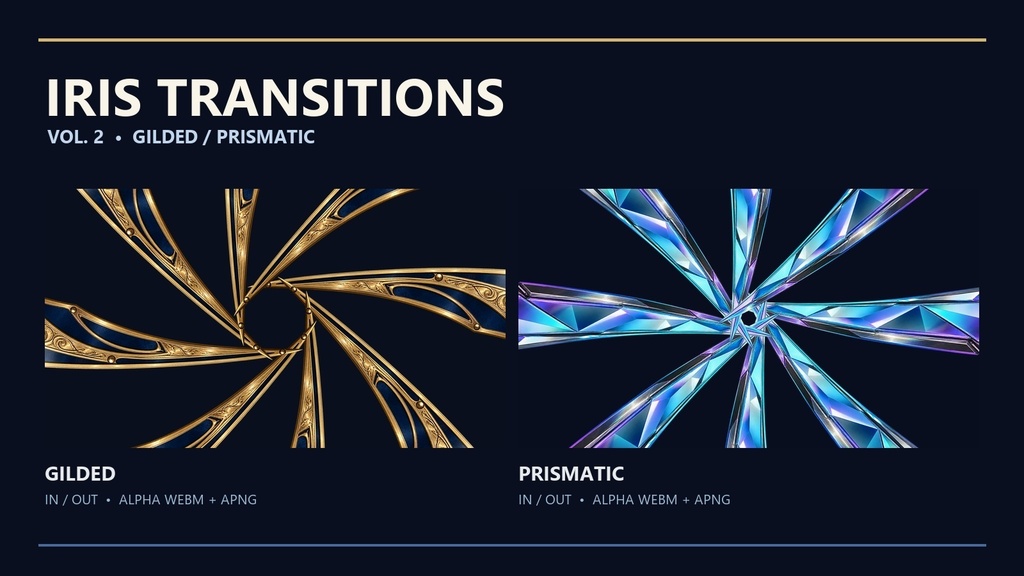 【無料あり】IRIS TRANSITIONS Vol.2｜彫金・虹ガラスのシーン転換2種【透過WebM/APNG・OBS】
