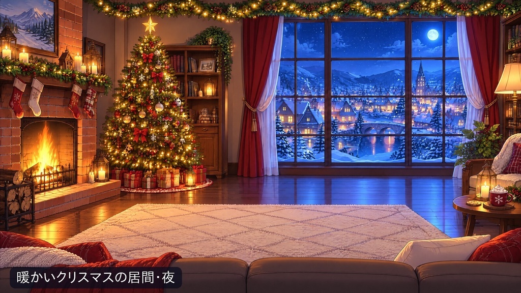 【無料あり・動く配信背景】冬のクリスマス部屋 2部屋×昼夜|雪の降る窓・暖炉・電飾【1080pループ動画・4K静止画・小物8点・VTuber/ココフォリア】