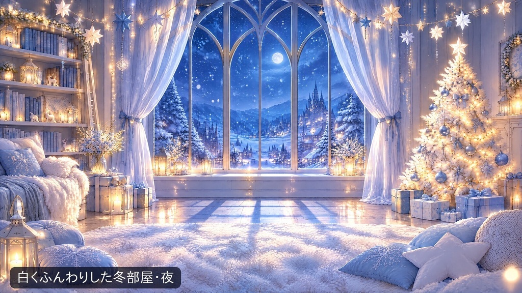 【無料あり・動く配信背景】冬のクリスマス部屋 2部屋×昼夜|雪の降る窓・暖炉・電飾【1080pループ動画・4K静止画・小物8点・VTuber/ココフォリア】