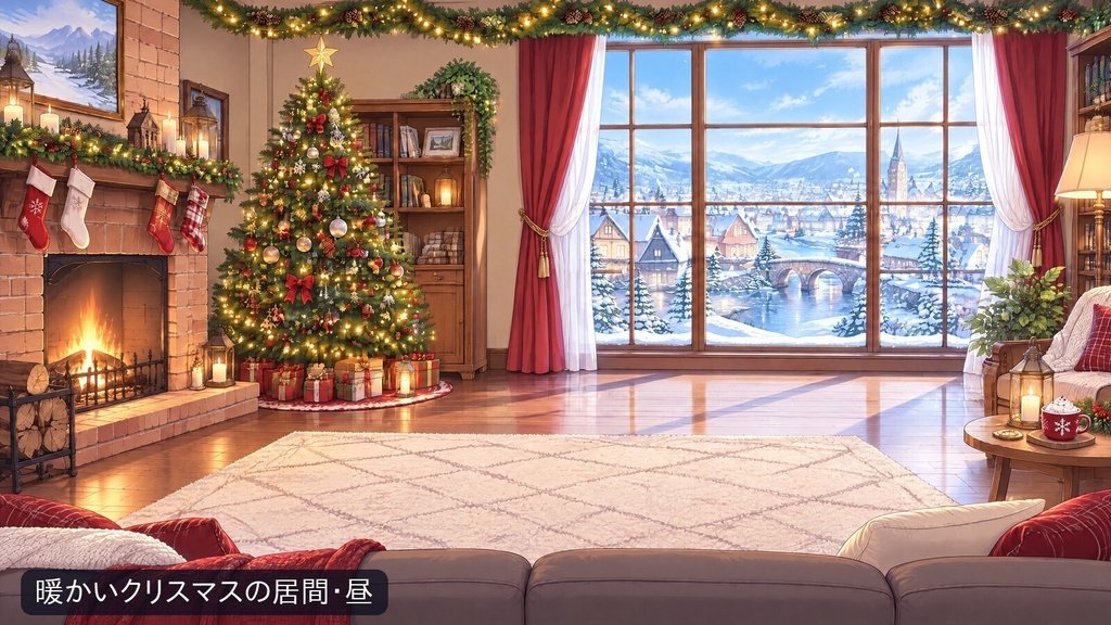 【無料あり・動く配信背景】冬のクリスマス部屋 2部屋×昼夜|雪の降る窓・暖炉・電飾【1080pループ動画・4K静止画・小物8点・VTuber/ココフォリア】