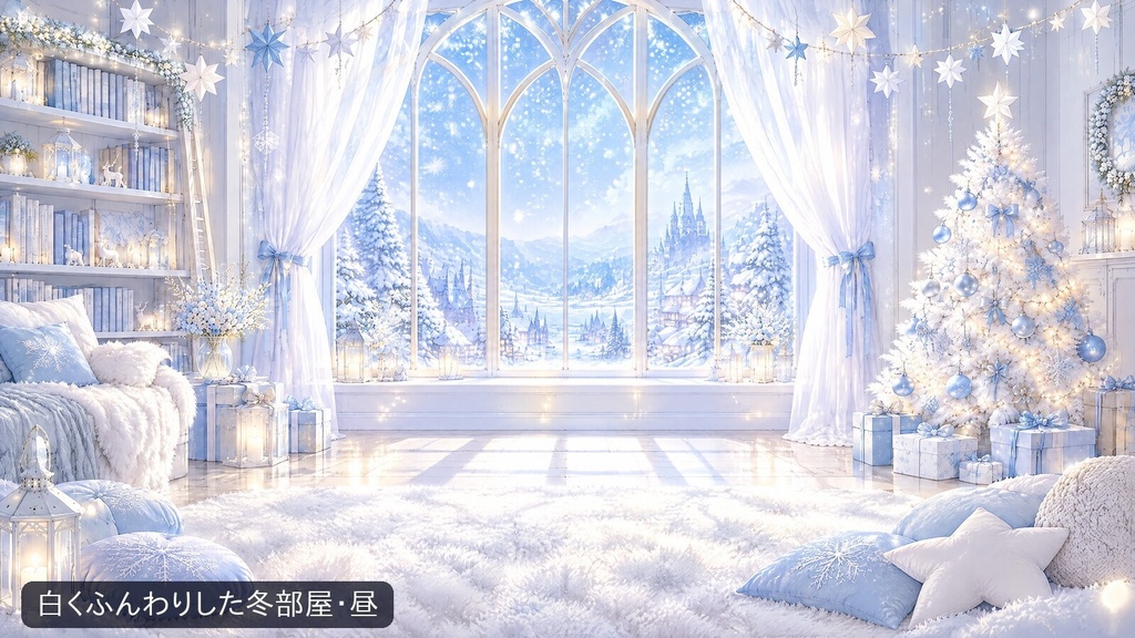 【無料あり・動く配信背景】冬のクリスマス部屋 2部屋×昼夜|雪の降る窓・暖炉・電飾【1080pループ動画・4K静止画・小物8点・VTuber/ココフォリア】