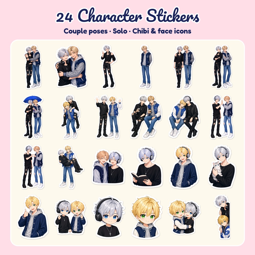 【デジタル手帳ステッカー】ジェイ&エリアス 46枚セット|BL・創作男子カップル|透過PNG・GoodNotes対応