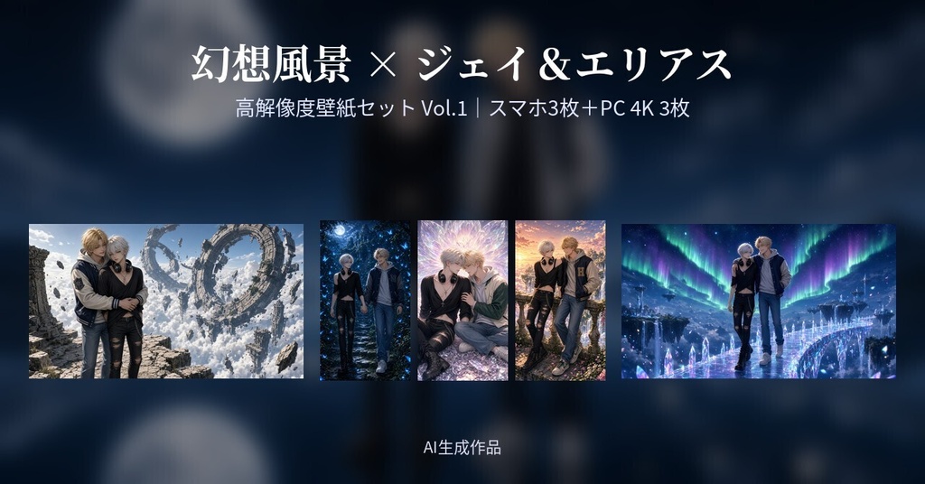 【高解像度壁紙】幻想風景 × ジェイ&エリアス Vol.1|スマホ3枚+PC 4K 3枚(AI生成)