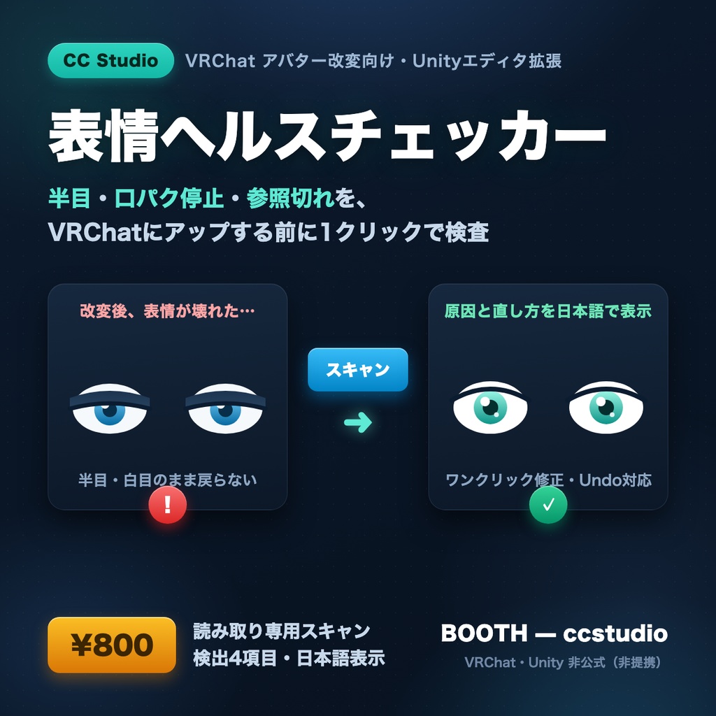表情ヘルスチェッカー — VRChatアバター改変後の半目・口パク停止・参照切れをUnityで即スキャン