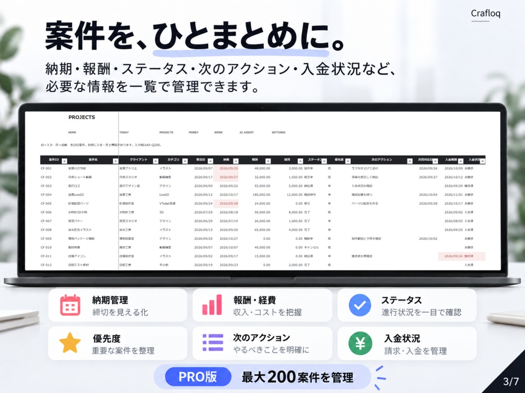 【クリエイター向け案件管理Excel】Crafloq Creator Desk PRO|納期・売上・作業時間をまとめて管理
