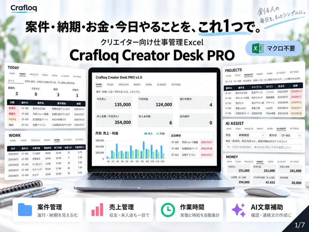 【クリエイター向け案件管理Excel】Crafloq Creator Desk PRO|納期・売上・作業時間をまとめて管理