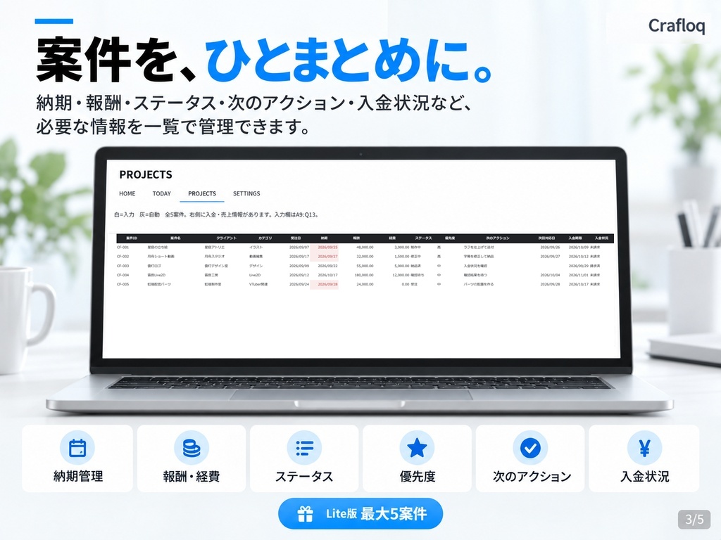 【無料】Crafloq Creator Desk Lite|クリエイター向け案件・納期管理Excel