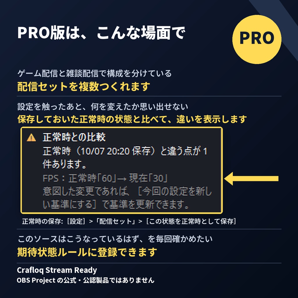 Crafloq Stream Ready PRO|OBS Studio 用(Windows)配信前チェックプラグイン(複数の配信セット対応)