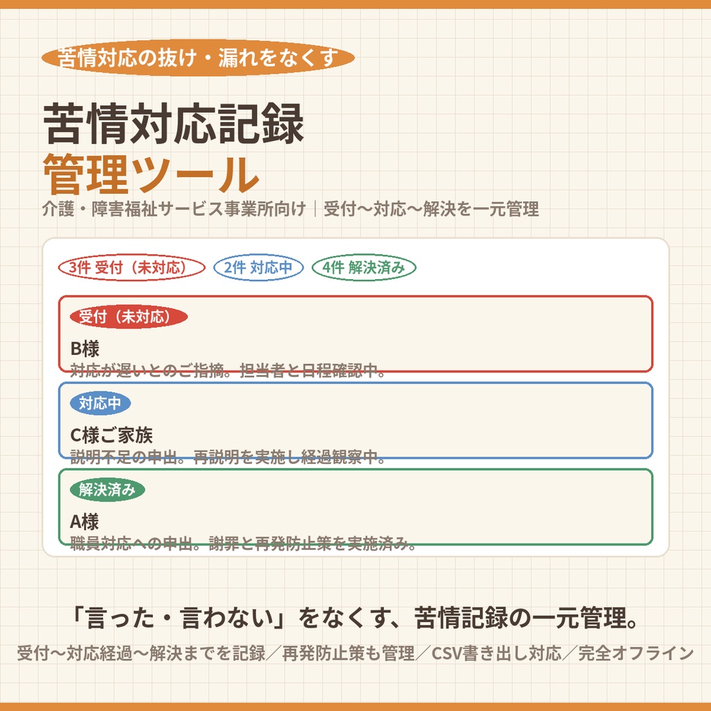 苦情対応記録管理ツール｜介護・障害福祉サービス事業所の苦情受付〜対応〜解決を一元管理【対応経過・再発防止策・CSV書き出し・オフラインで動く】