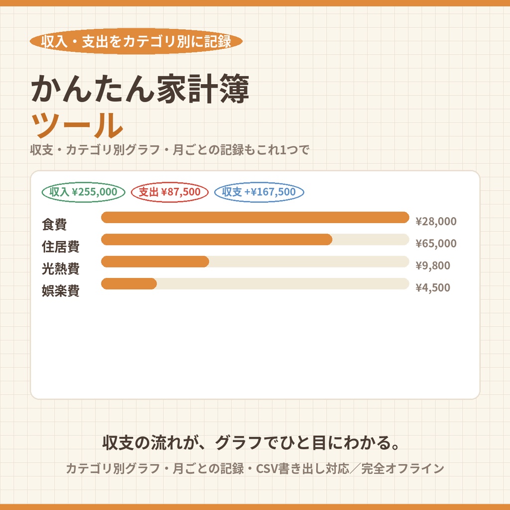 かんたん家計簿ツール|収入・支出をカテゴリ別に記録【月ごとの収支・グラフ表示・CSV書き出し・完全オフライン】