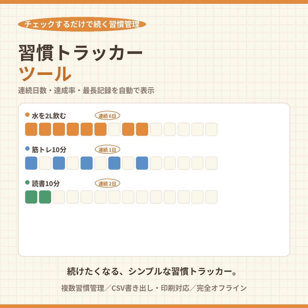 習慣トラッカーツール|複数の習慣をチェックだけで管理【連続日数・達成率・最長記録を自動表示・完全オフライン】