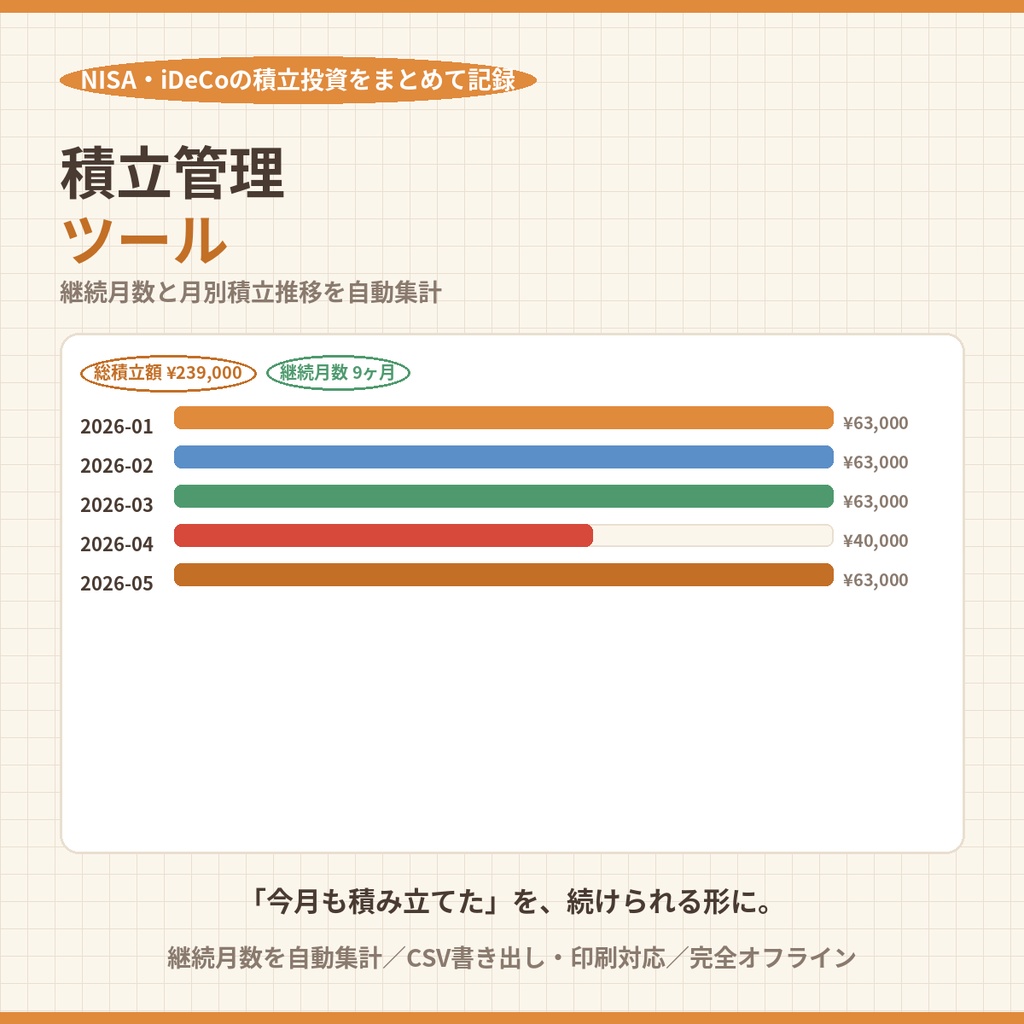 積立管理ツール|成長投資枠・つみたて投資枠・の積立投資をまとめて記録【継続月数・月別推移を自動集計・完全オフライン】