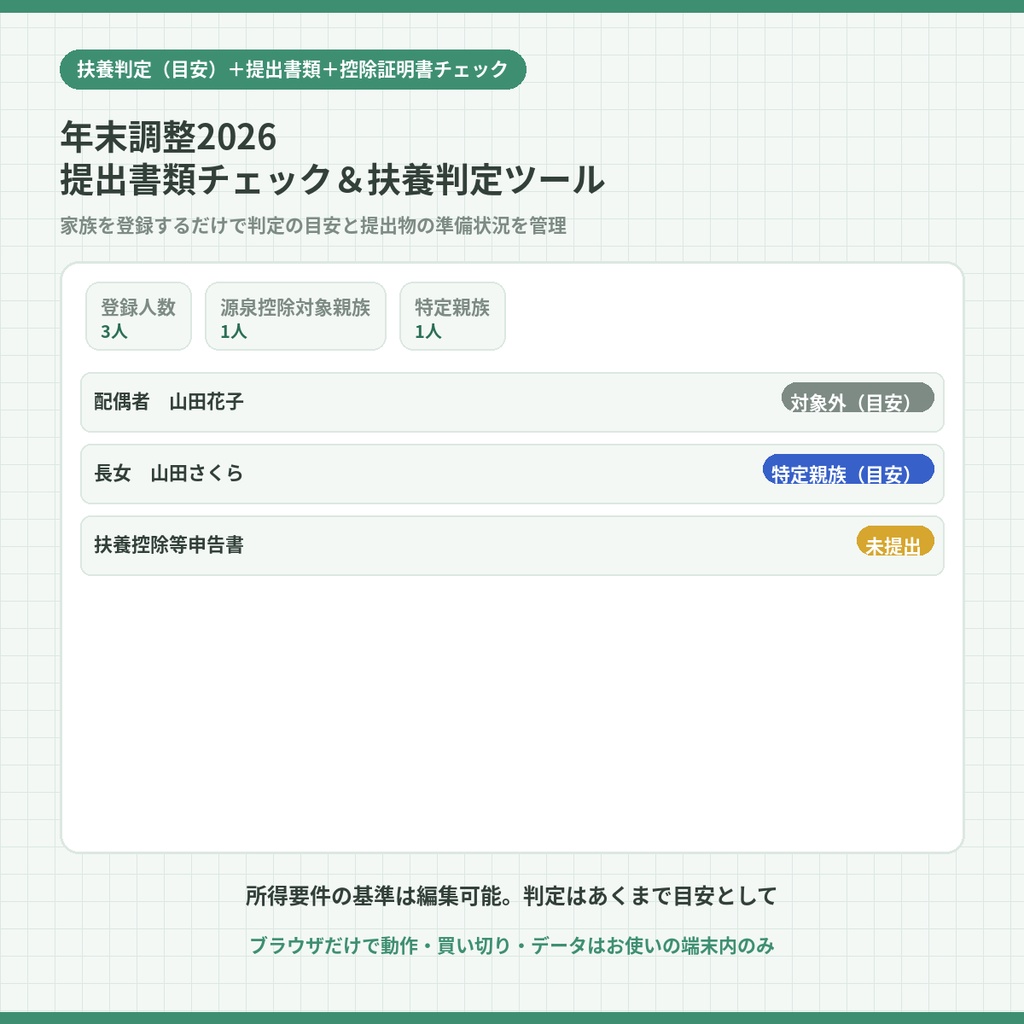 年末調整2026 提出書類チェック＆扶養判定ツール｜家族ごとの控除対象判定（目安）と提出物管理を1本で【2026年税制改正対応】