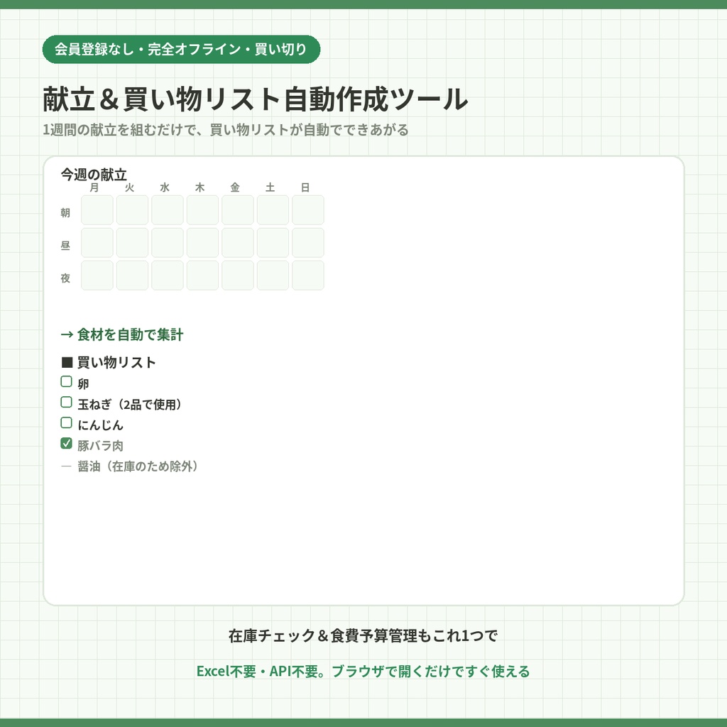 献立＆買い物リスト自動作成ツール｜1週間の献立を入れるだけで買い物リストが自動完成【在庫管理・食費予算対応・完全オフライン・買い切り】