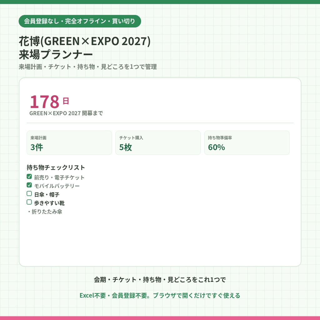 花博(GREEN×EXPO 2027)来場プランナー｜来場計画・チケット・持ち物・見どころを1つで管理【カウントダウン・持ち物チェックリスト付き・完全オフライン・買い切り】