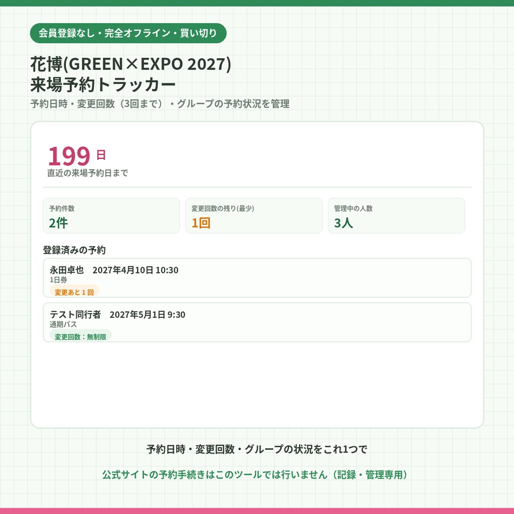 花博(GREEN×EXPO 2027)来場予約トラッカー｜予約日時・変更回数（3回まで）・グループの予約状況をまとめて管理【時間枠選びの目安つき・完全オフライン・買い切り】