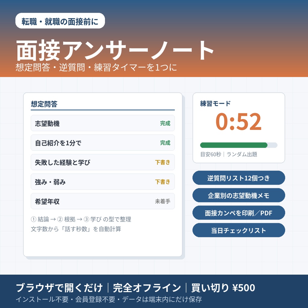 面接アンサーノート｜転職・就職の想定問答・逆質問・練習タイマーを1つに【完全オフライン・買い切り】