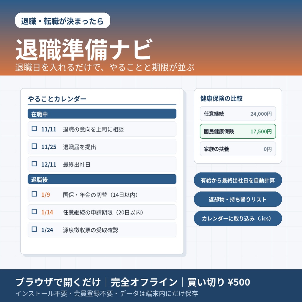 退職準備ナビ｜退職日を入れるだけで、やることと期限が並ぶ手続きカレンダー【完全オフライン・買い切り】