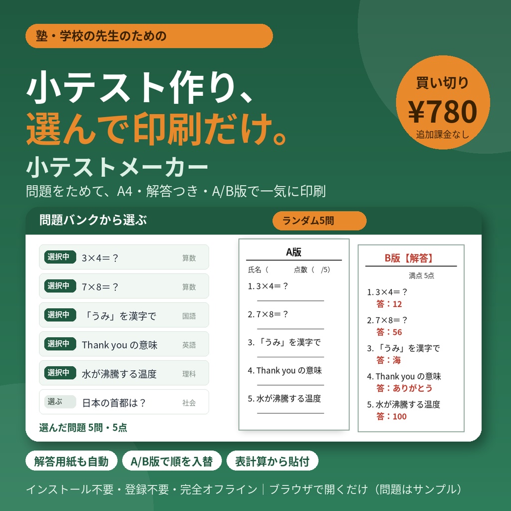 小テストメーカー|問題をためて選ぶだけでA4小テストと解答用紙を印刷【塾・学校の先生向け・ランダム出題・A/B版・完全オフライン・買い切り】