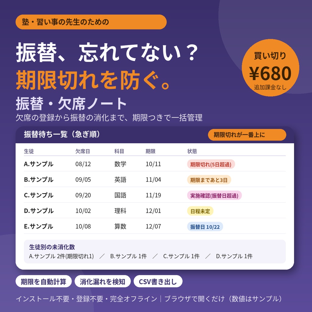 振替・欠席ノート|振替授業の期限切れ・消化漏れを防ぐ【塾・習い事の先生向け・期限の自動計算・急ぎ順の一覧・完全オフライン・買い切り】