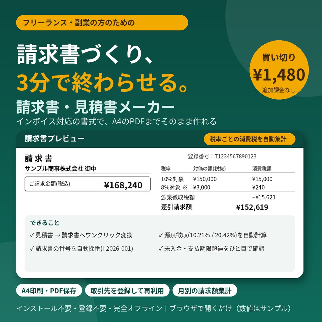 請求書・見積書メーカー|インボイス対応・税率ごとの消費税を自動集計・源泉徴収つき・A4のPDFまで作れる【フリーランス・副業向け・完全オフライン・買い切り】