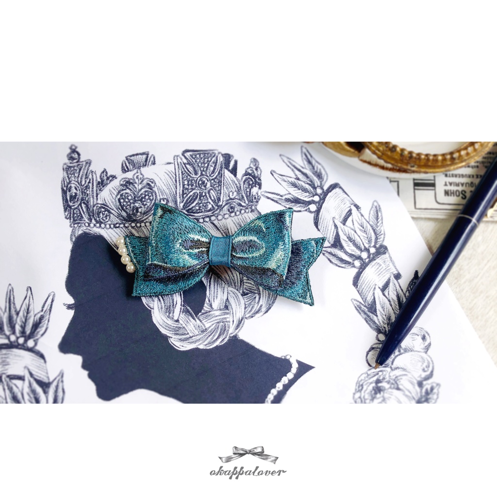 刺繍のリボン-バレッタ（静脈の青）