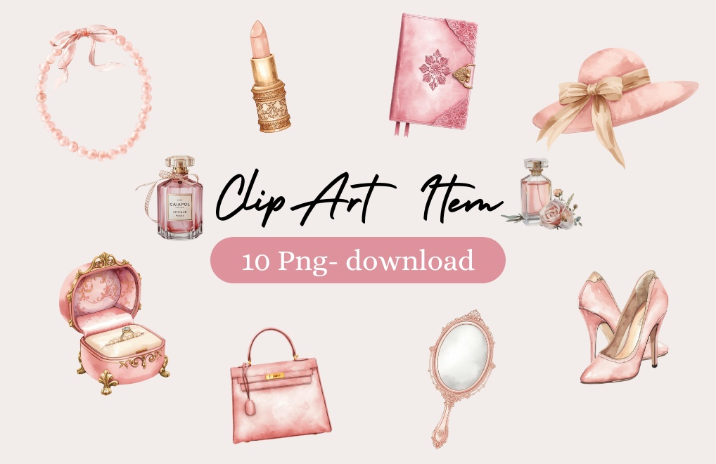 ピンクのヴィンテージガール 水彩クリップアート10点セット（PNG）