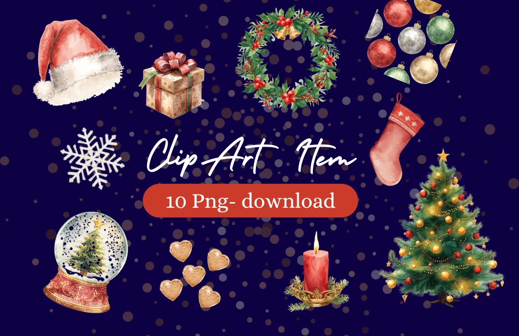 水彩アンティーク・クリスマスクリップアート10種セット