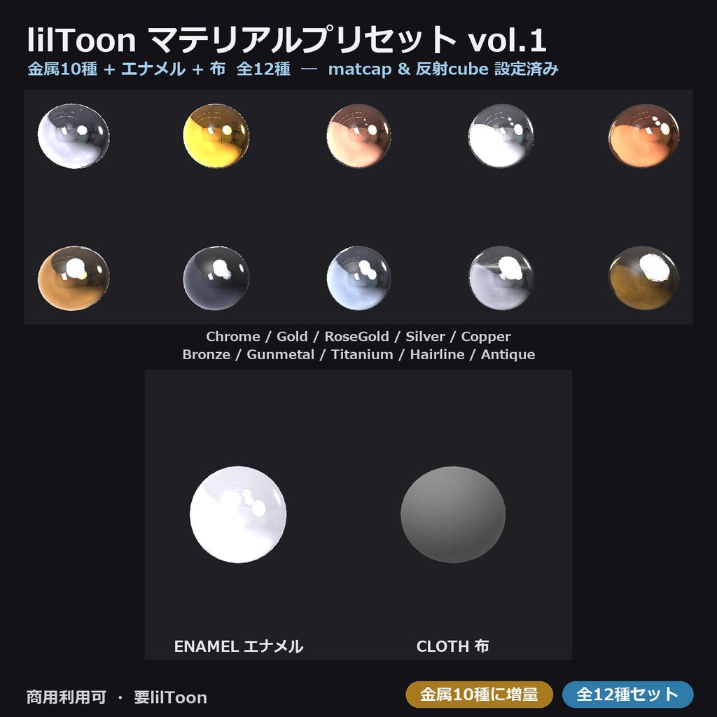 VRChat装備向け lilToonマテリアル vol.1（金属10種・エナメル・布）