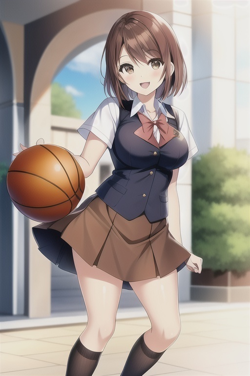 お城の前でバスケットボールで遊ぶ女の子