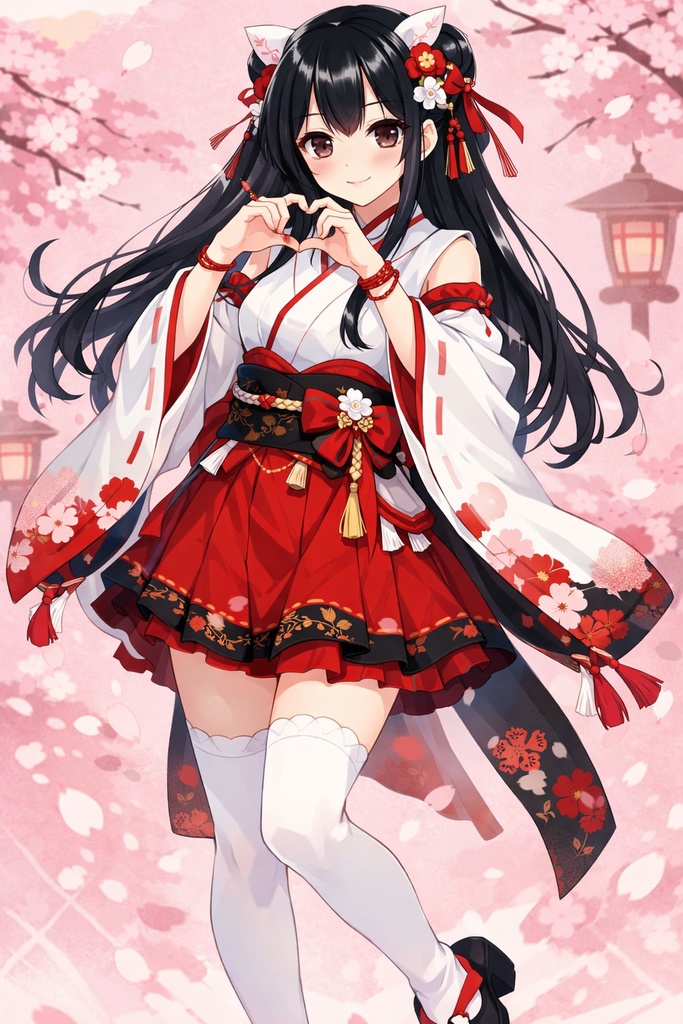 桜舞う狐耳巫女の美少女イラスト｜高解像度PNG壁紙