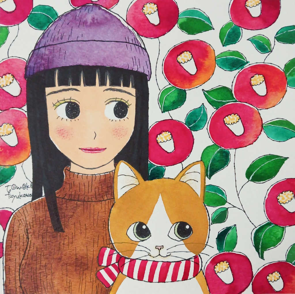 椿と猫と女の子（オリジナルイラスト原画）
