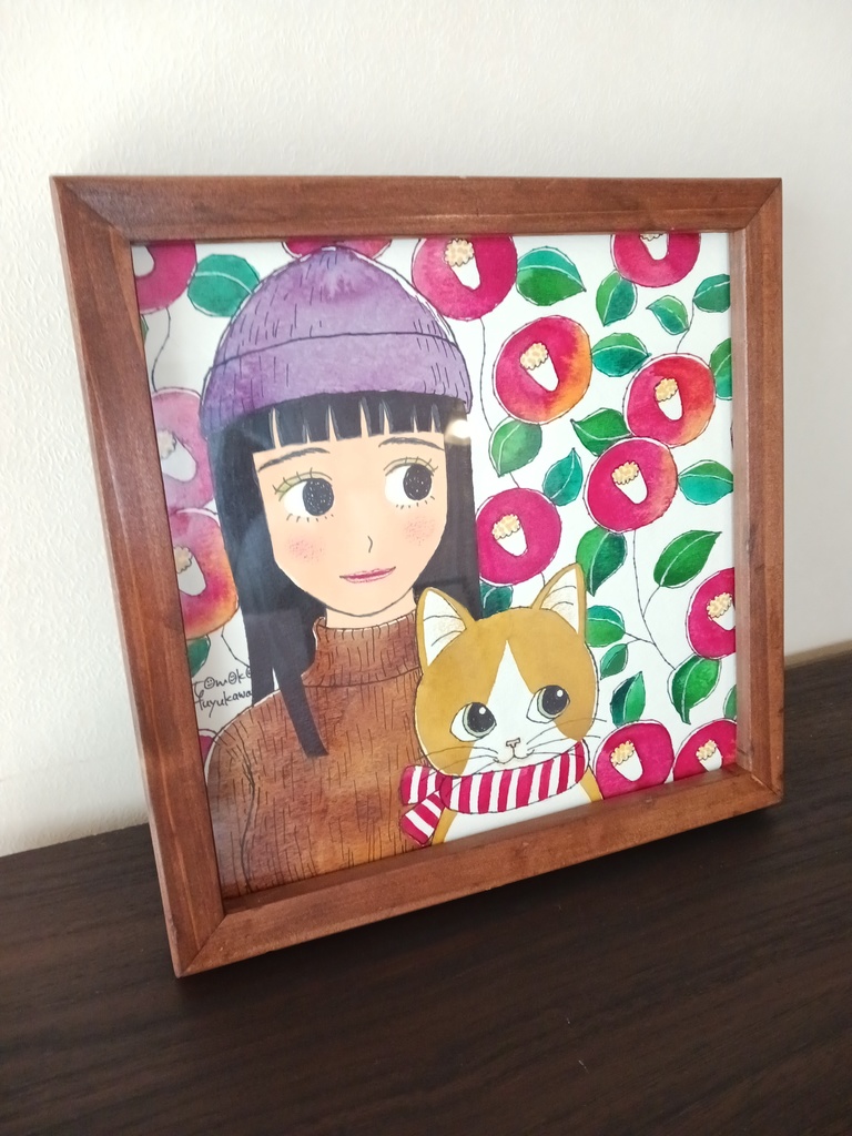 椿と猫と女の子(オリジナルイラスト原画)