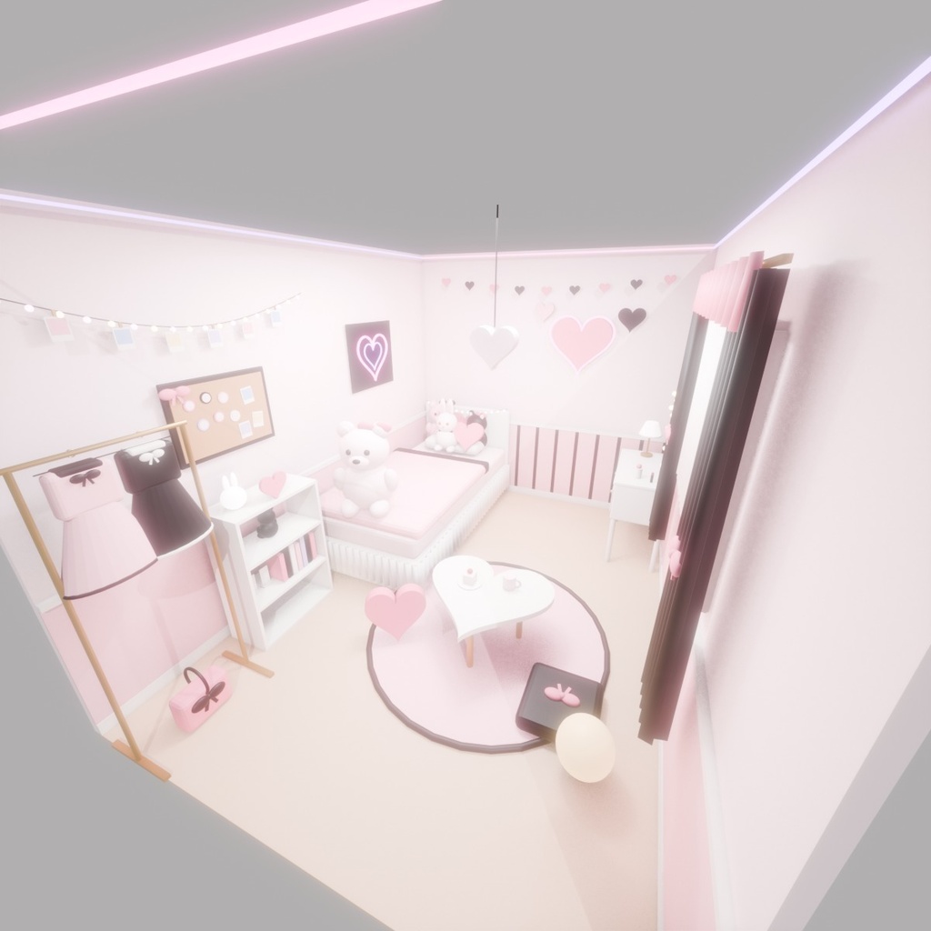 【VRChat想定ワールド】Pink Neon Room|かわいい地雷系ルーム 家具20点・昼夜ライト付き【PC】
