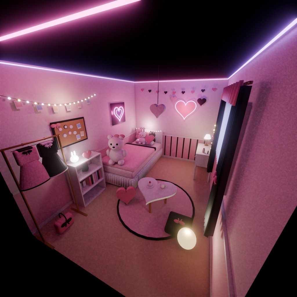 【VRChat想定ワールド】Pink Neon Room|かわいい地雷系ルーム 家具20点・昼夜ライト付き【PC】