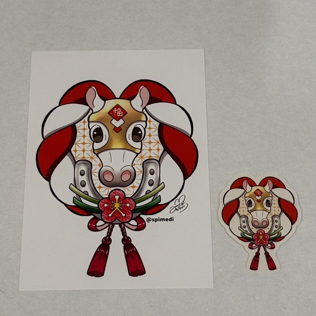 紅白馬のポストカードとシールセット