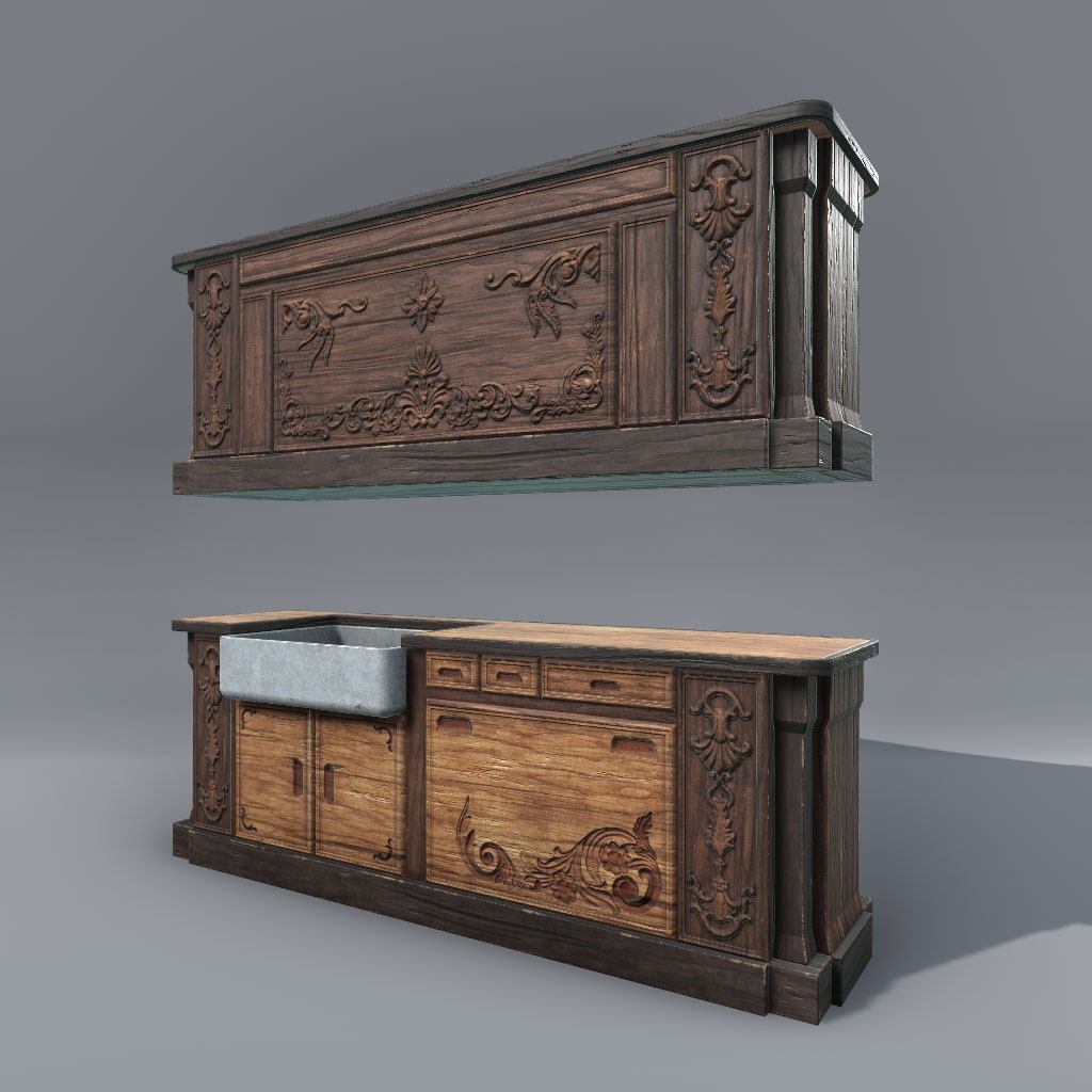 【VRChat想定】中世ファンタジーキッチン、炎パーティクル付き(10点)