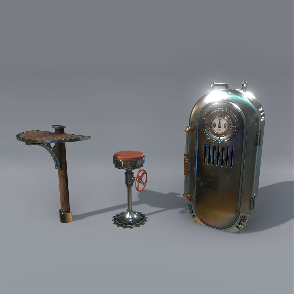 【VRChat想定】スチームパンクキッチン、蒸気パーティクル、ギアアニメーション付き(7点)