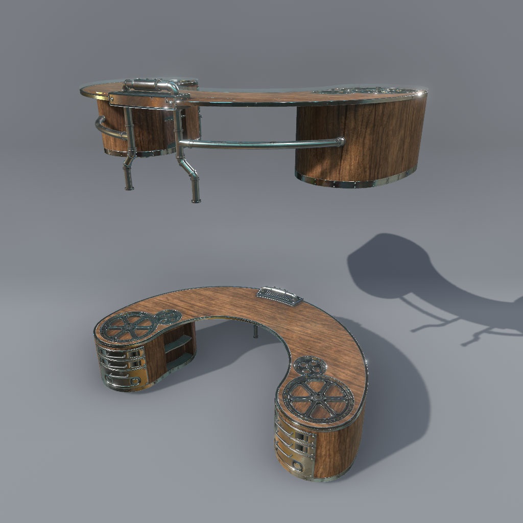 【VRChat想定】スチームパンクデスク、蒸気パーティクル、ギアアニメーション付き(7点)