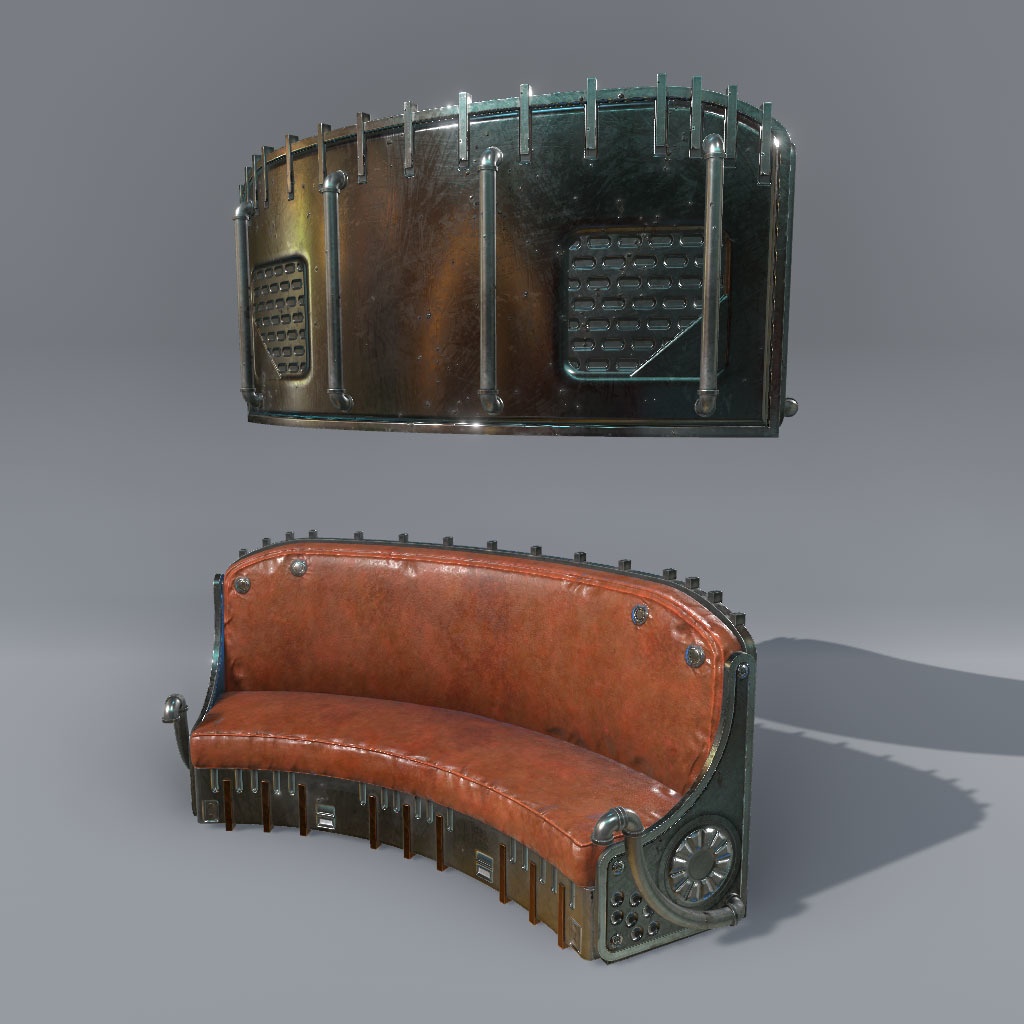 【VRChat想定】スチームパンクソファ、ギアアニメーション付き(5点)