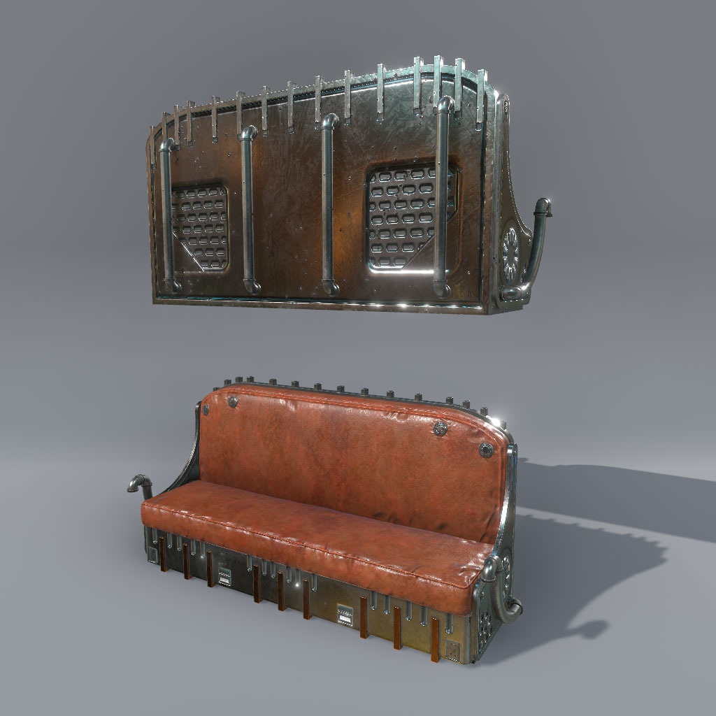 【VRChat想定】スチームパンクソファ、ギアアニメーション付き(5点)