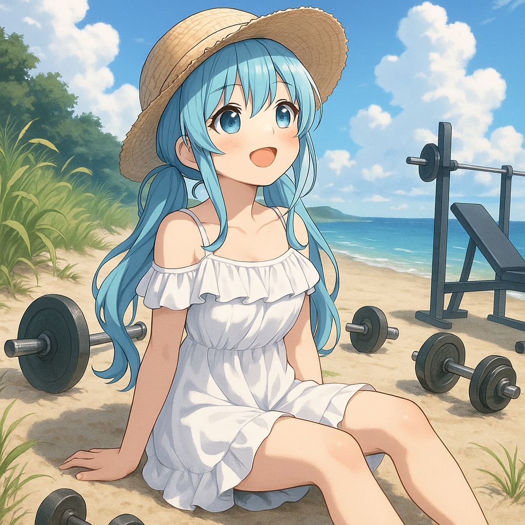 青空ゆう 砂浜とダンベル