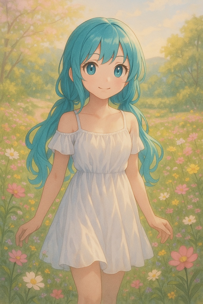 青空ゆう 春の幻想的な花畑に立つ少女